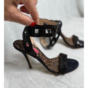 Betsey Johnson Black Sequin Ankle Wrap Heels w/ Leopard Insole 
Size 10